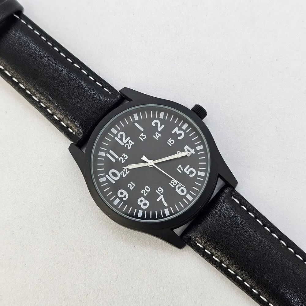 Men's Field Watch 42MM Large Case Black Dial Black‎ White Leather Band Straps
